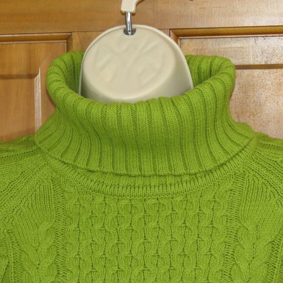 Alison Sheri Chartreuse Turtleneck Cotton Blend Chunky Cable Knit Size Small - Picture 2 of 10